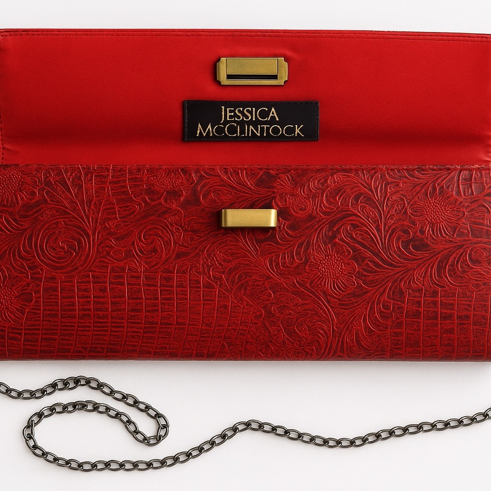 💃 Vintage Jessica McClintock Embossed Red Evening Bag with Chain Strap